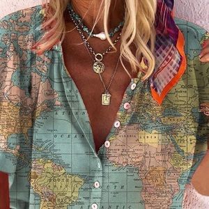 Around the World - Long sleeve mandarin collar button down blouse Sz L